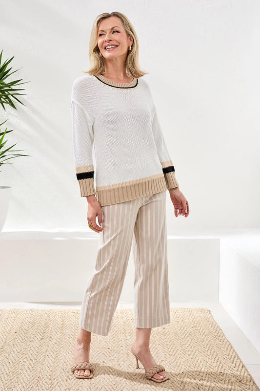 Tribal Contrast Stitch Cotton Sweater White