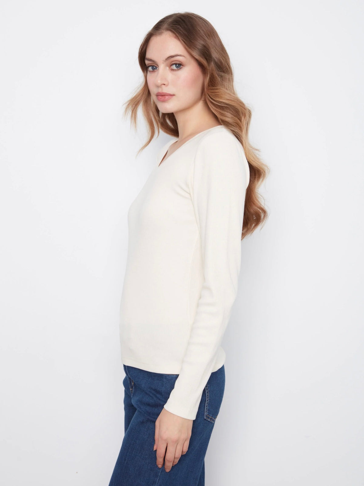 Charlie B Ribbed V-Neck Top Almond