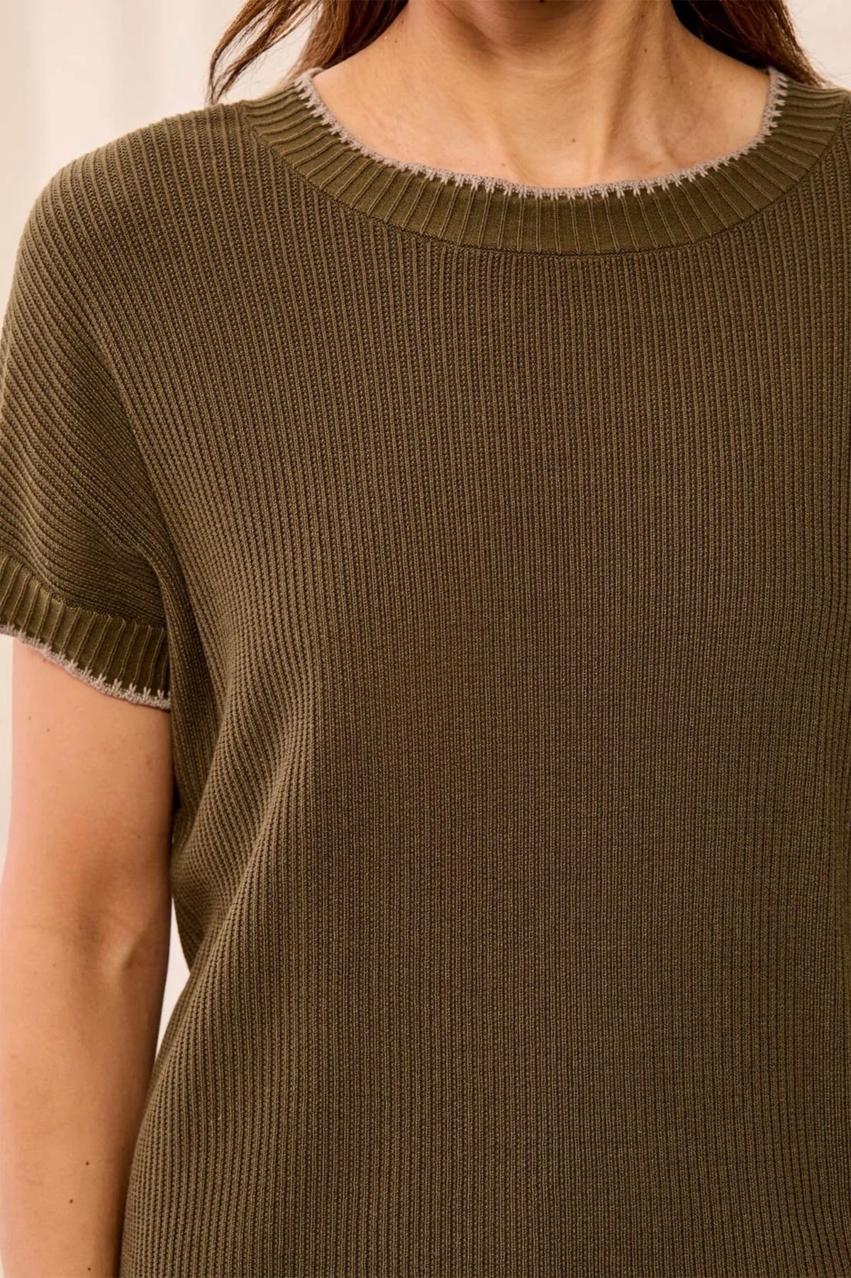 Tribal Cap Sleeve Topstitch Sweater Basil