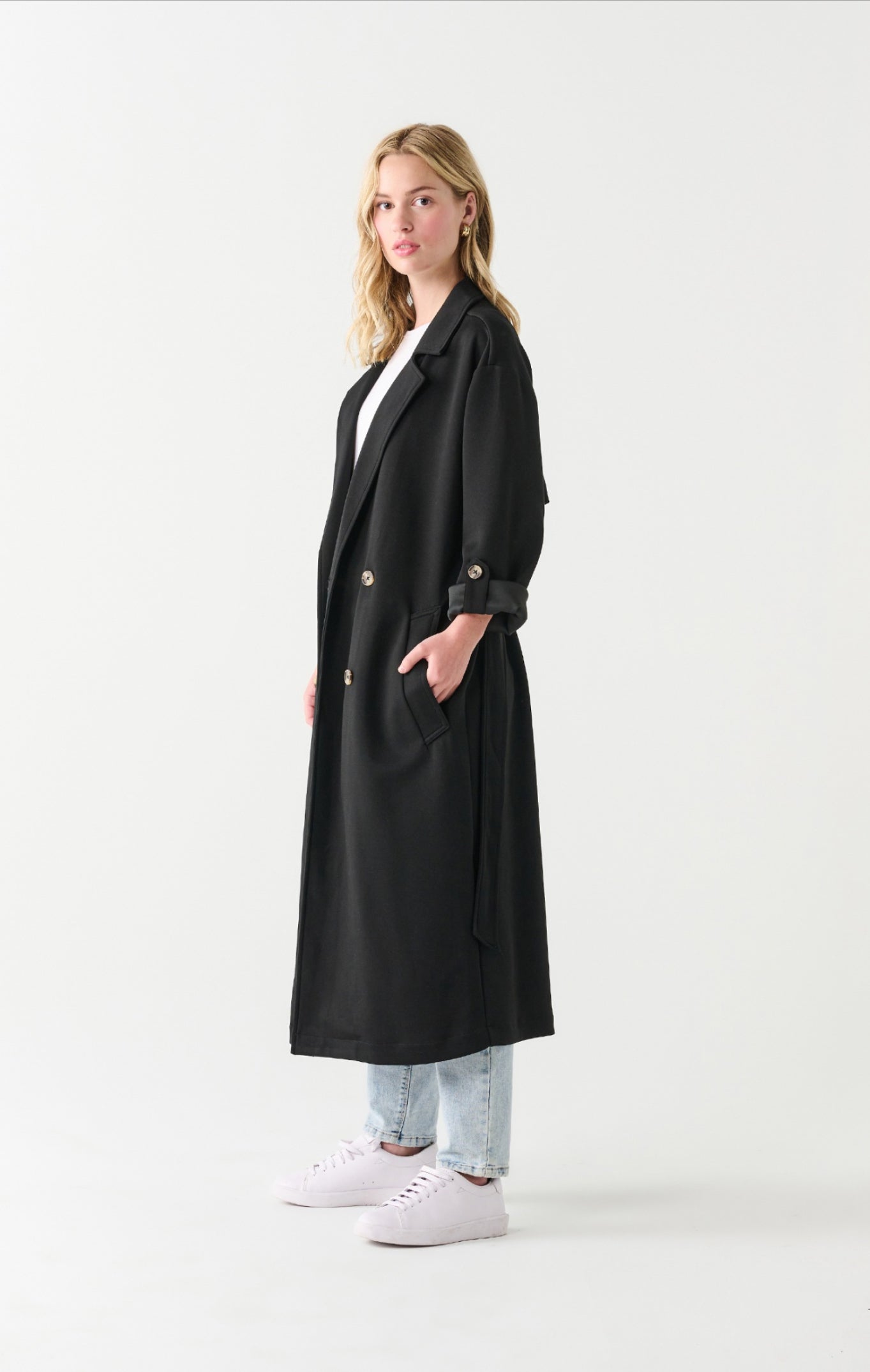 Dex Double Breasted Knit Trench Coat Black