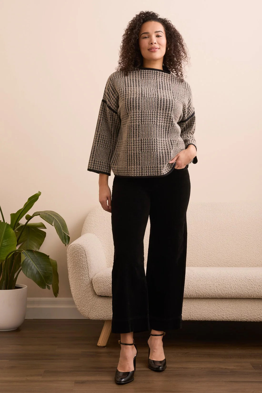 3/4 SLEEVE MOCK NECK JACQUARD PLAID TOP