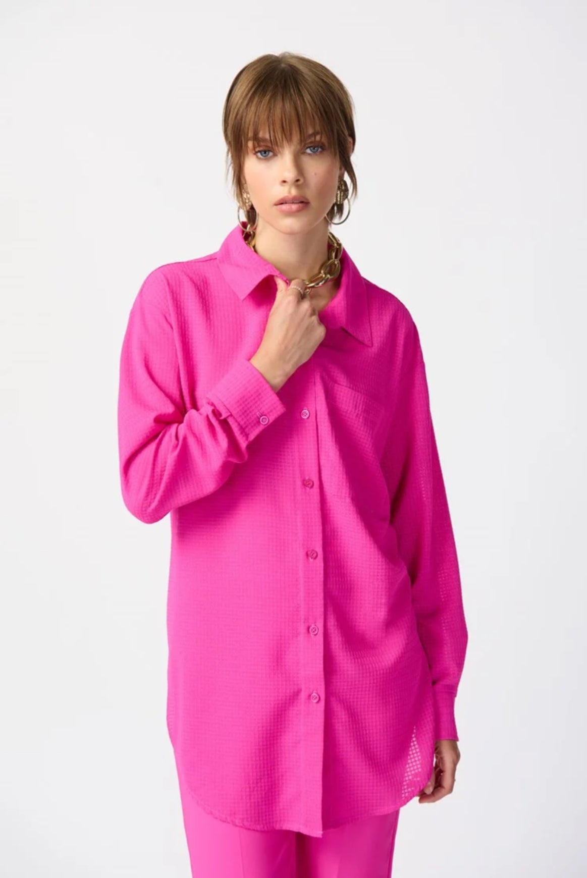 Joseph Ribkoff Long Textured Woven High-Low Blouse Ultra Pink 241259