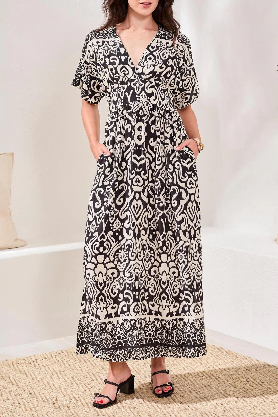 Tribal V-Neck Empire Waist Printed Maxi Dress