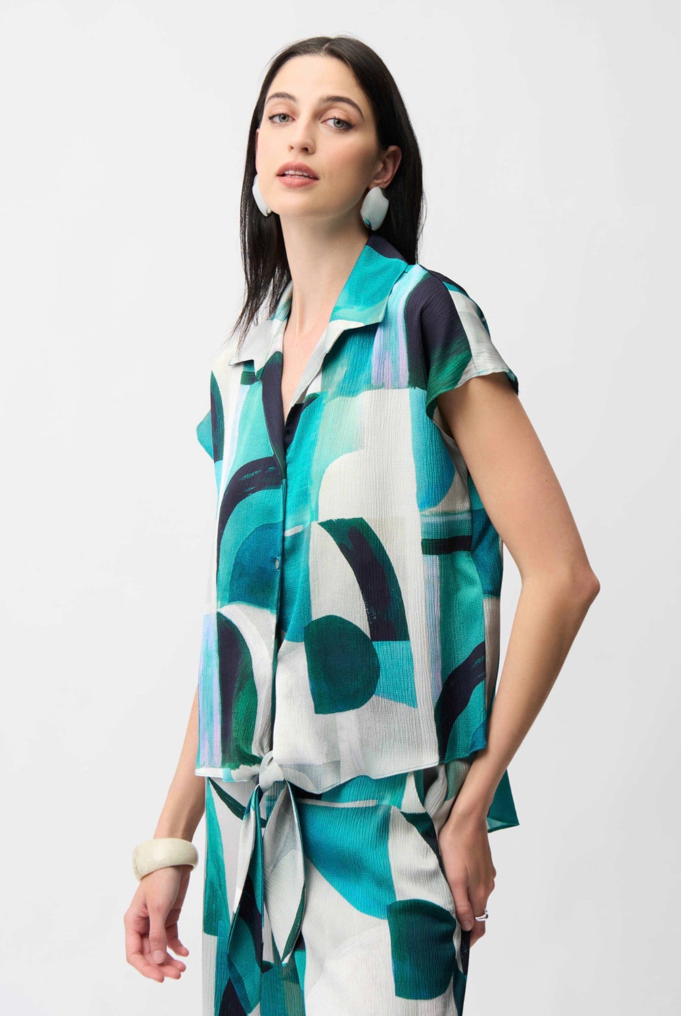 Joseph Ribkoff Textured Satin Geometric Print Boxy Top With Front Ties 261065
