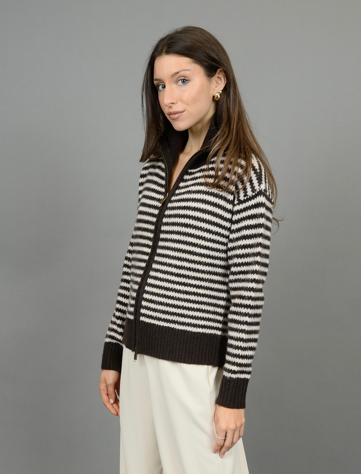 Yor Long Sleeve Mock Neck Cardigan Brown