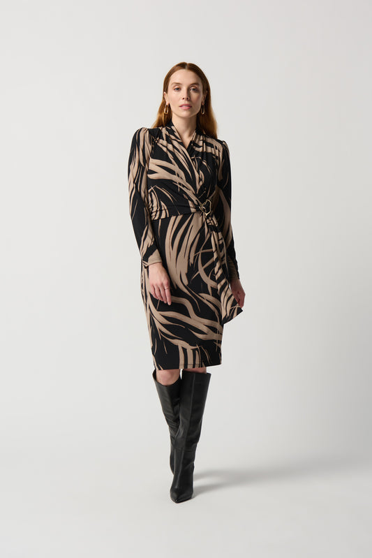 Abstract Print Silky Knit Sheath Dress With Side Buckle 234123