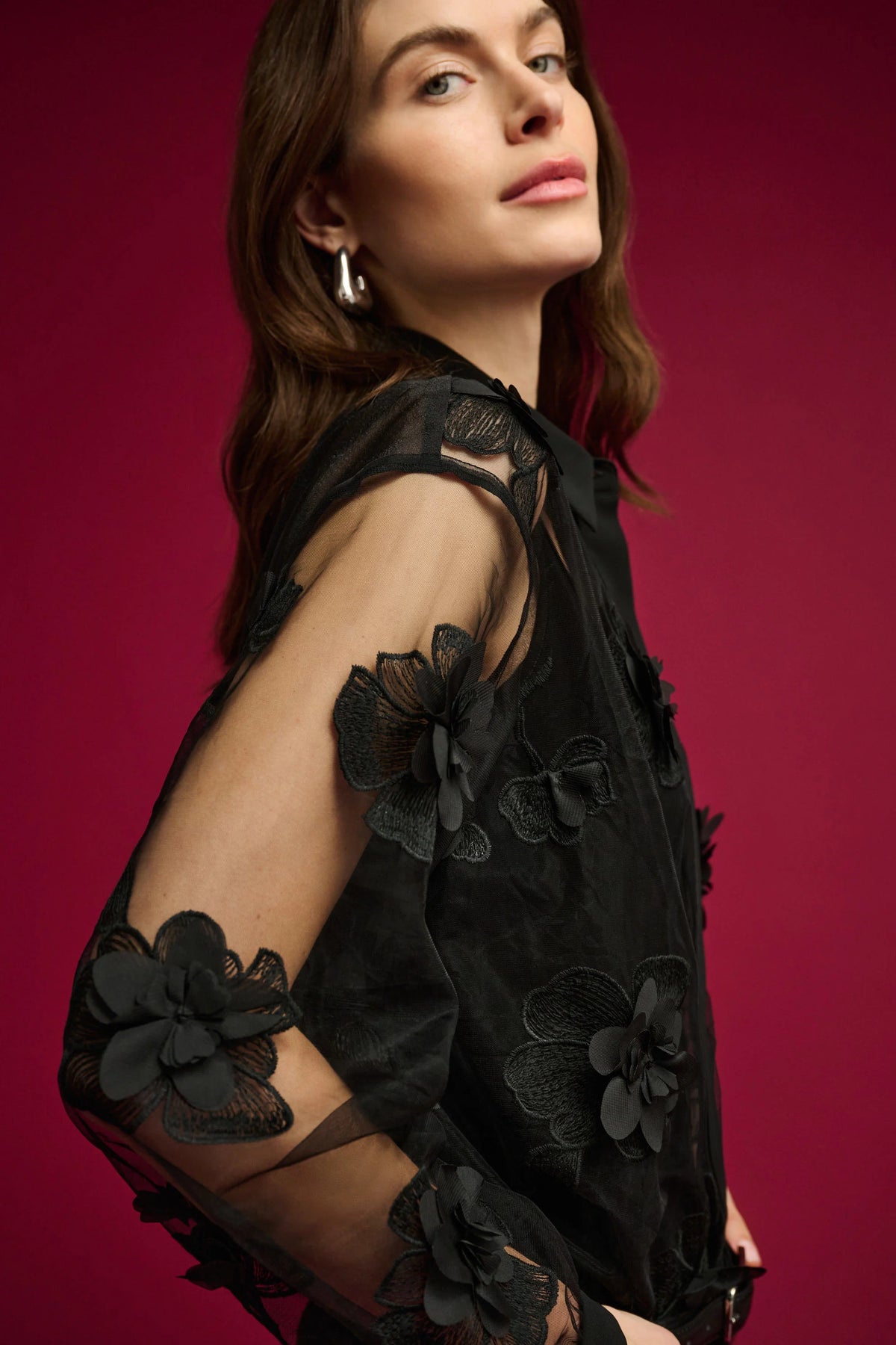 Sheer Textured Flower Appliqué Blouse264945Hots