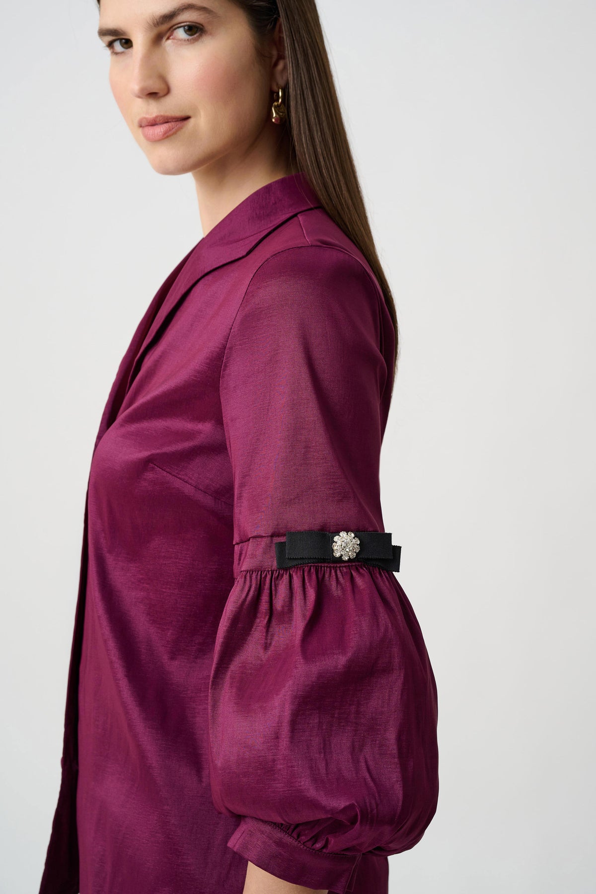 Signature | Stretch Taffeta Fitted Blouse With Rhinestone Buttons